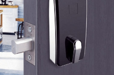 Electronic door lock hardware installed on a multi-family unit door
